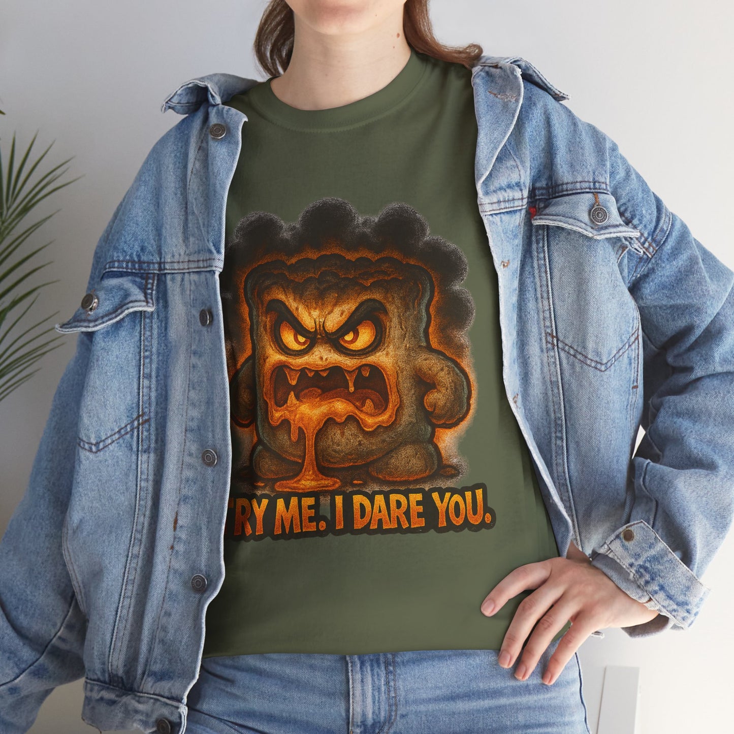 Graphic Tee — Fiery Toast 'Try Me, I Dare You' Cartoon Shirt