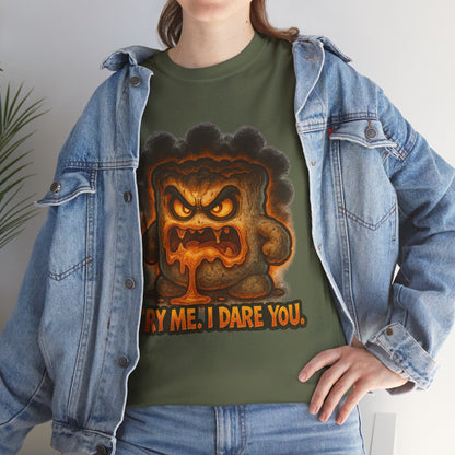 Graphic Tee — Fiery Toast 'Try Me, I Dare You' Cartoon Shirt