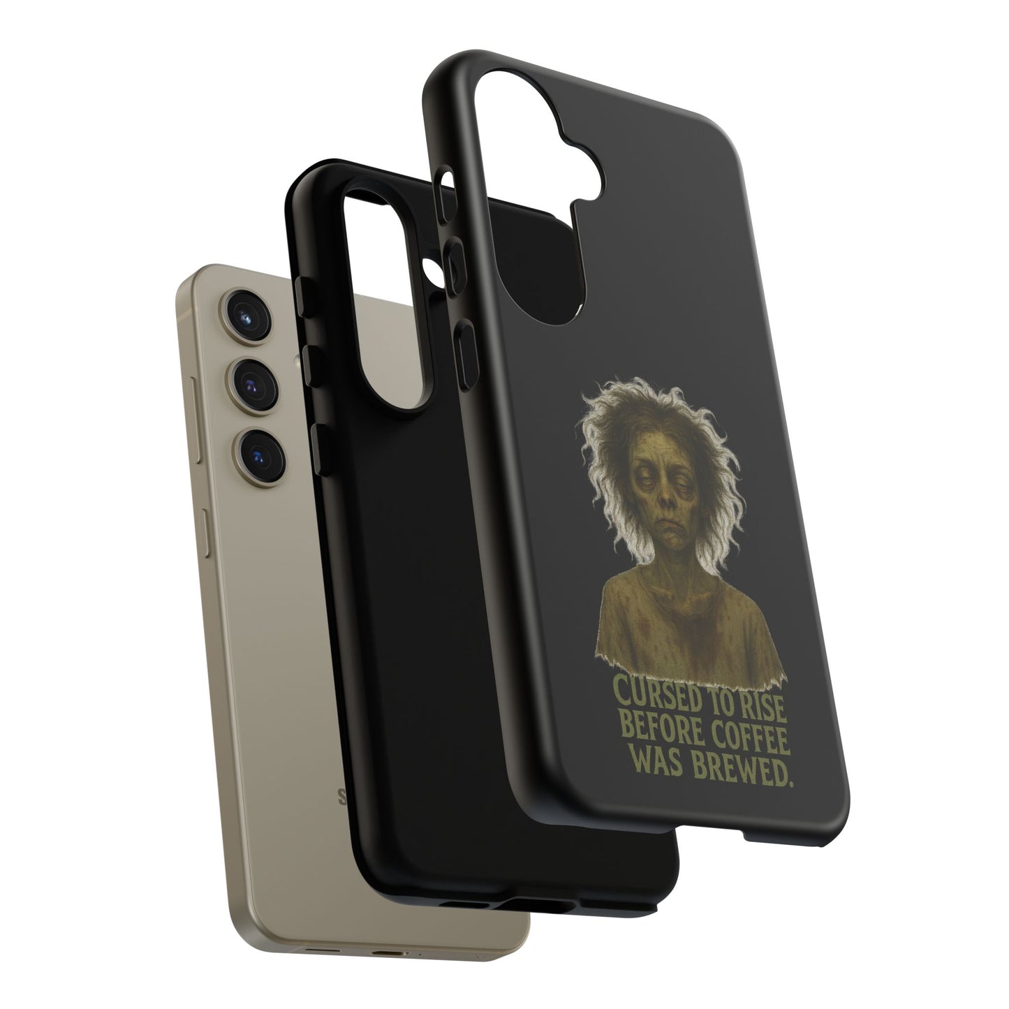 Phone Case — “Cursed to Rise Before Coffee Was Brewed” Goth Horror Design