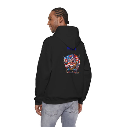 Patriotic Retro Hoodie — American Flag Skull Character Back Graphic
