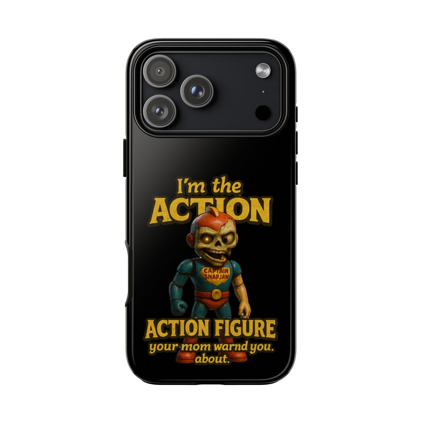 Action Figure Phone Case — "I'm the Action" Retro Skull Toy Design