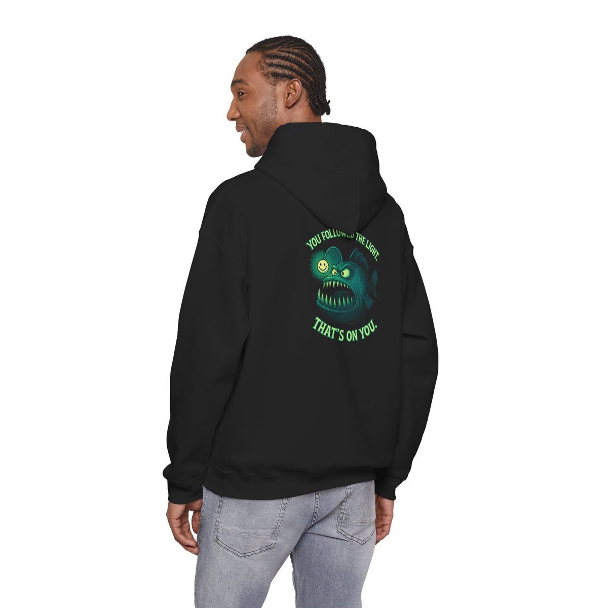 Hoodie — 'You Found the Light? That's On You.' Green Anglerfish Graphic Hooded Sweatshirt