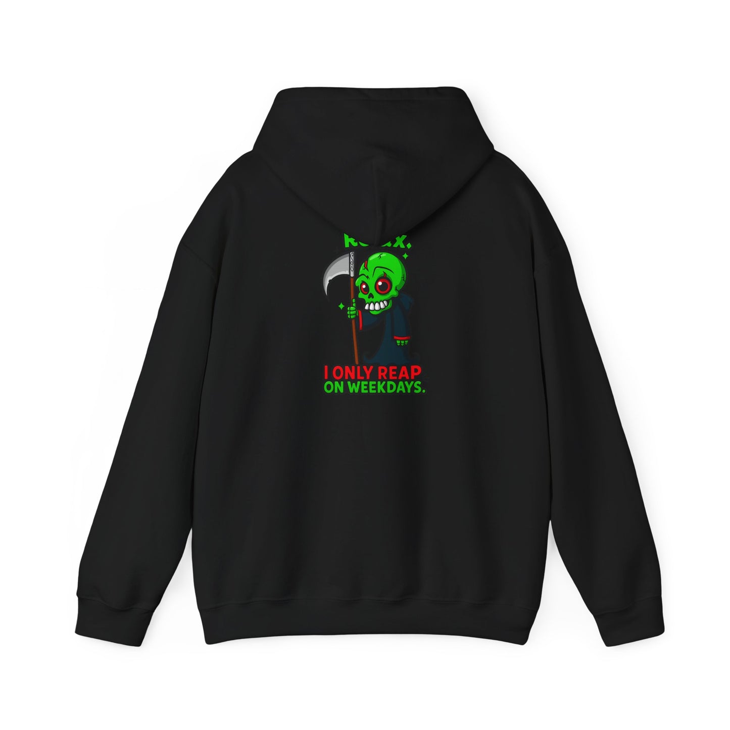 Grim Reaper Cartoon Hoodie — "I Only Read on Weekdays" Graphic Pullover