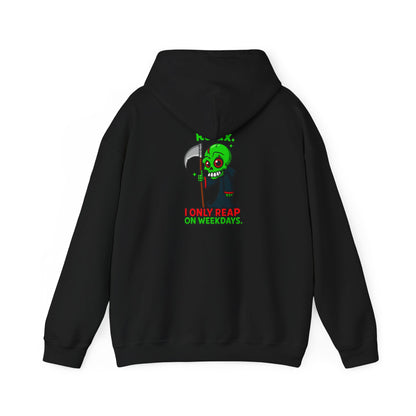 Grim Reaper Cartoon Hoodie — "I Only Read on Weekdays" Graphic Pullover