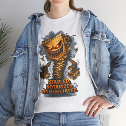 Stapled Notarized Annihilated Tee | Monster Paper Staple Design