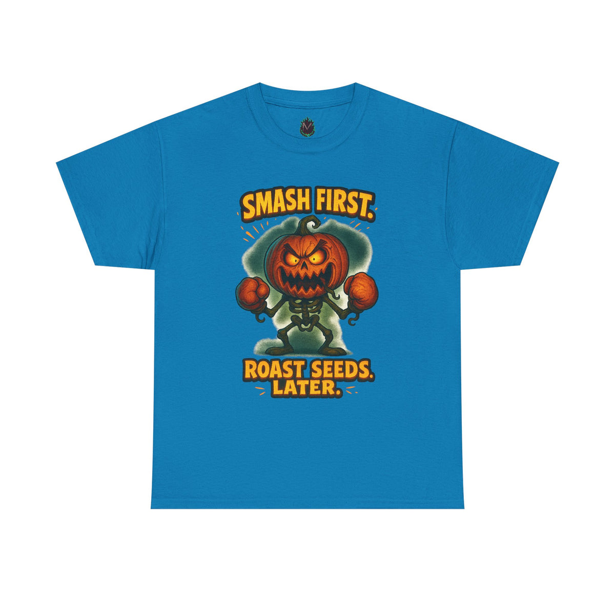 Smash First Pumpkin Boxer illustration T-Shirt | Halloween pumpkin design