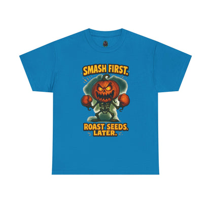 Smash First Pumpkin Boxer illustration T-Shirt | Halloween pumpkin design