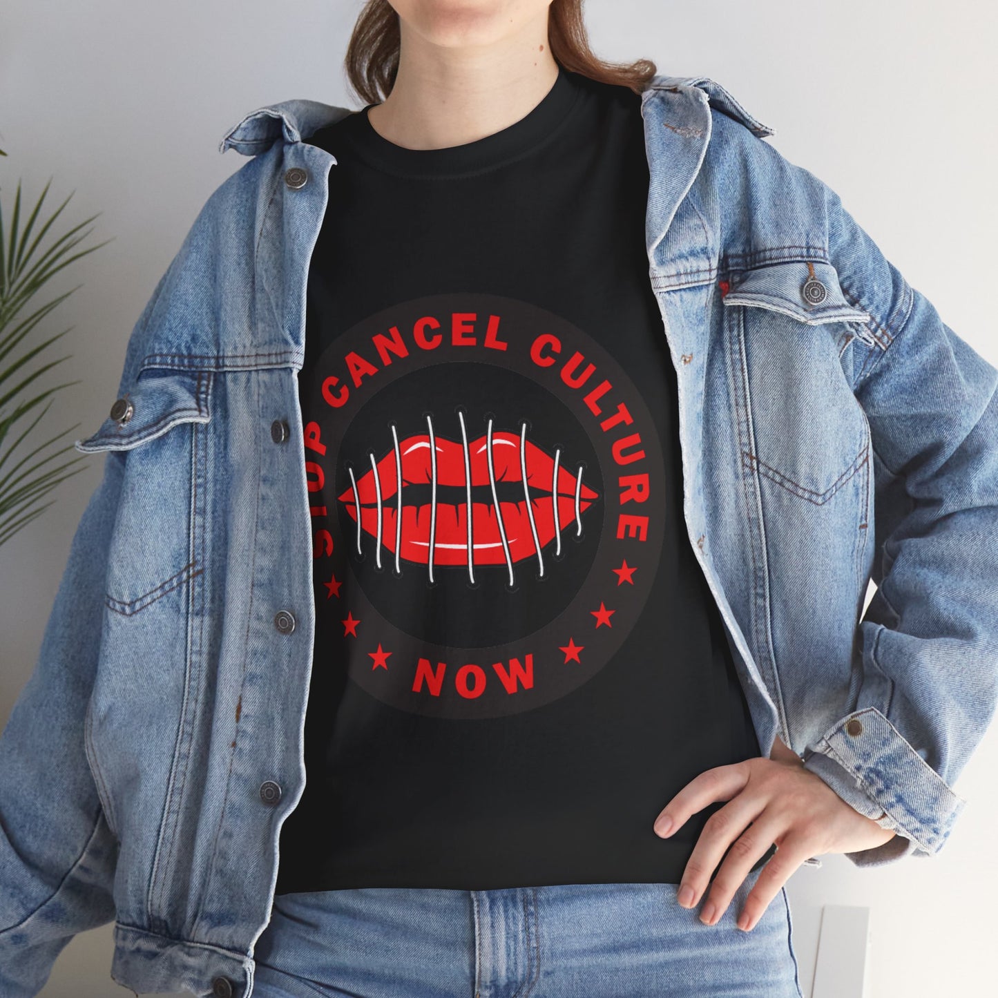 Stop Cancel Culture Now – Free Speech Tee (Barred Lips Design)