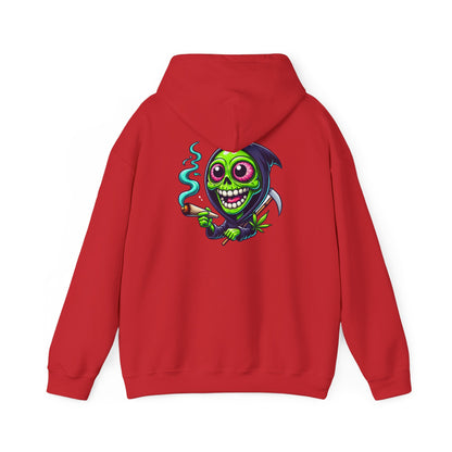 Grinning Green Grim Reaper Hoodie - Cute Creepy Smoking Skull Graphic Sweatshirt
