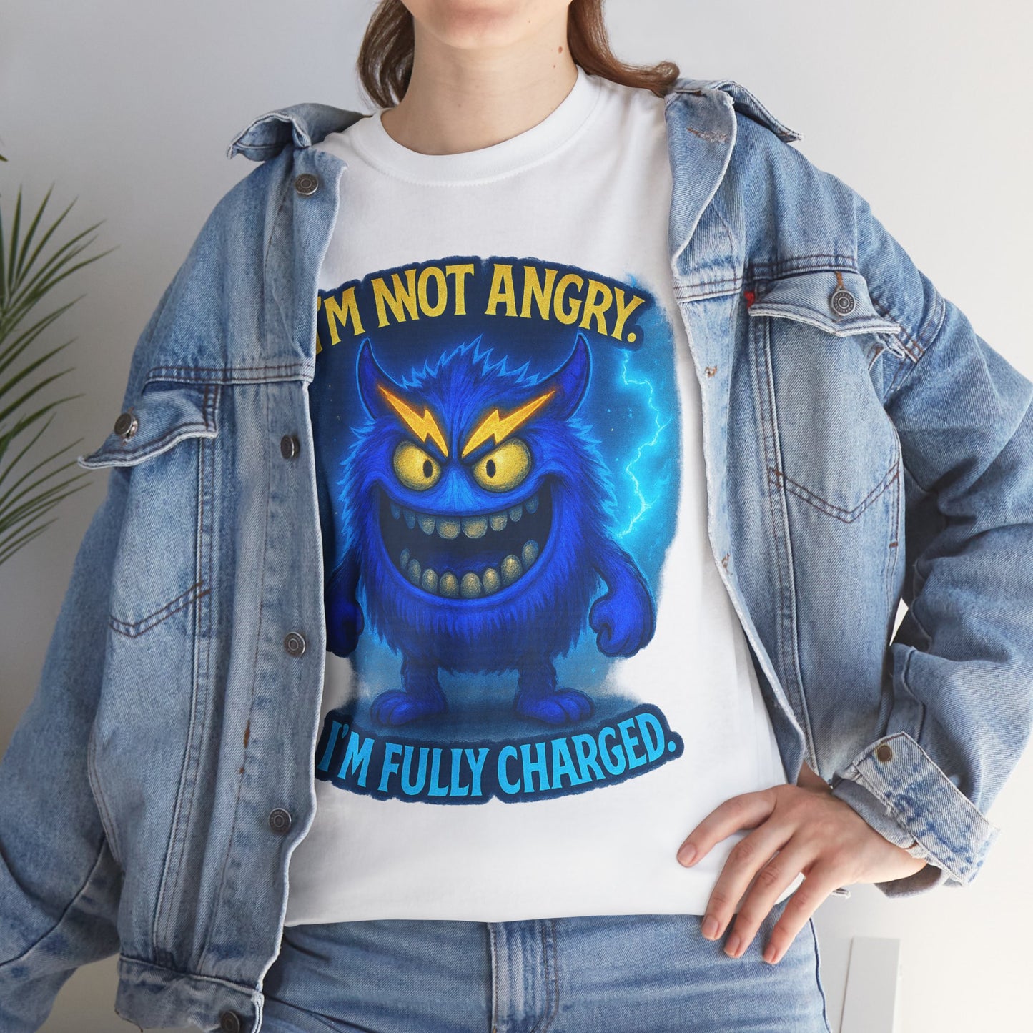 I'm Not Angry I'm Fully Charged Tee, Blue Lightning Monster Graphic