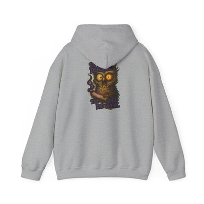 Owl With Scroll Hoodie — Vintage Spooky Owl Back Print Hooded Sweatshirt