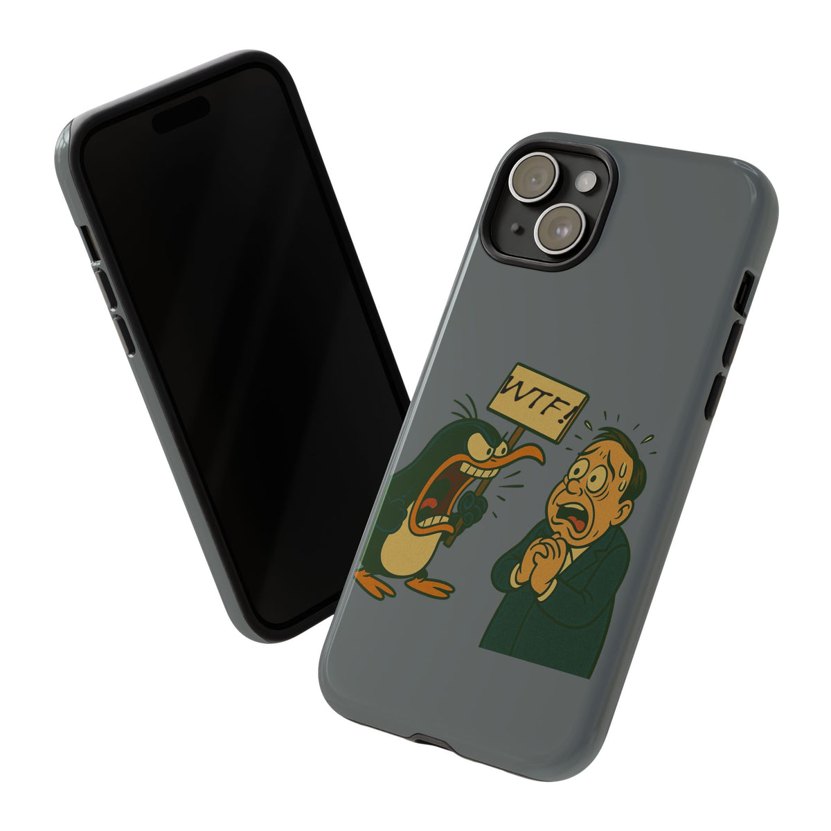 Phone Case - Cartoon Penguin Yelling 'WTF' at Shocked Man, Funny Protective iPhone Cover