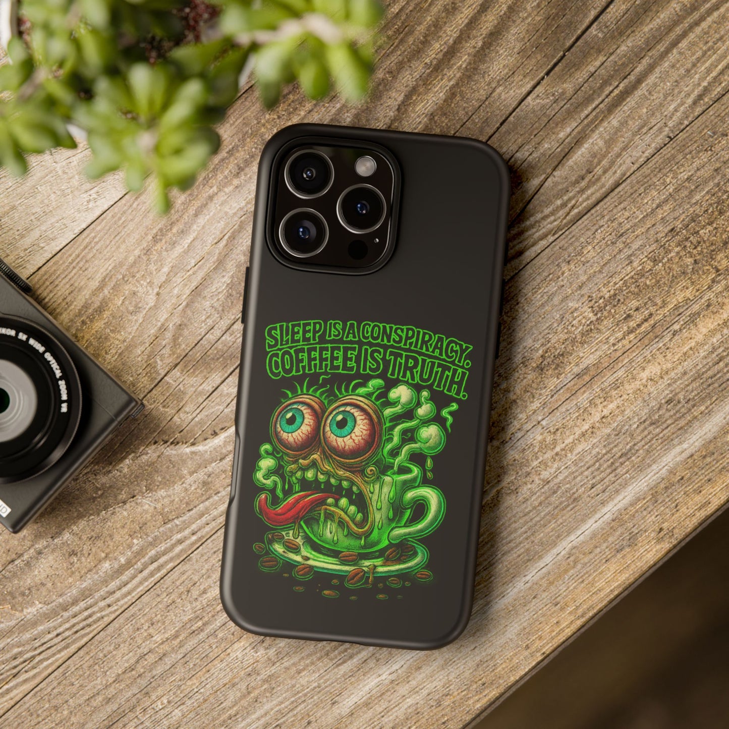 Phone Case — “Sleep Is a Conspiracy, Coffee Is Truth” Retro Monster Design