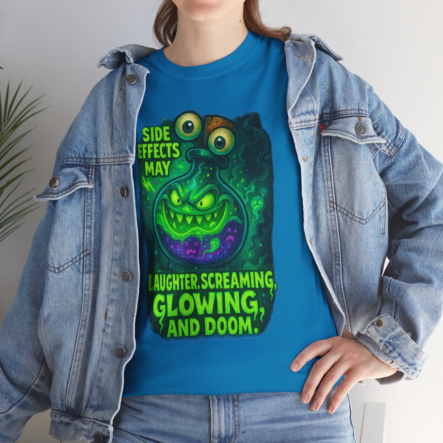 T-Shirt — "Side Effects May Include: Laughter, Screaming, Glowing, and Doom" Neon Monster Graphic