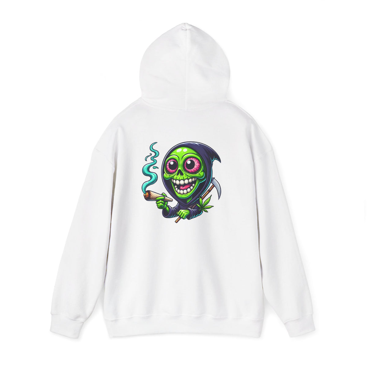 Grinning Green Grim Reaper Hoodie - Cute Creepy Smoking Skull Graphic Sweatshirt