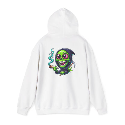 Grinning Green Grim Reaper Hoodie - Cute Creepy Smoking Skull Graphic Sweatshirt