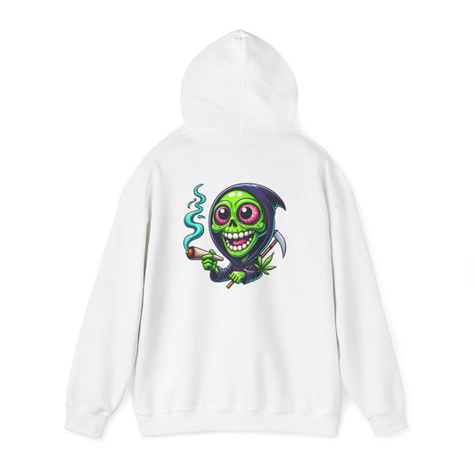 Grinning Green Grim Reaper Hoodie - Cute Creepy Smoking Skull Graphic Sweatshirt
