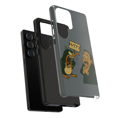 Phone Case - Cartoon Penguin Yelling 'WTF' at Shocked Man, Funny Protective iPhone Cover