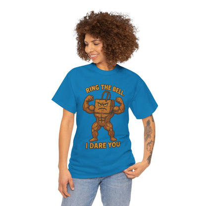 Kettlebell Mascot Tee — "Ring the Bell, I Dare You" Gym T-Shirt