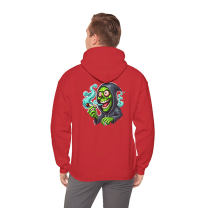 Grinning Reaper Hooded Sweatshirt – Spooky Green Skull Smoking Hoodie