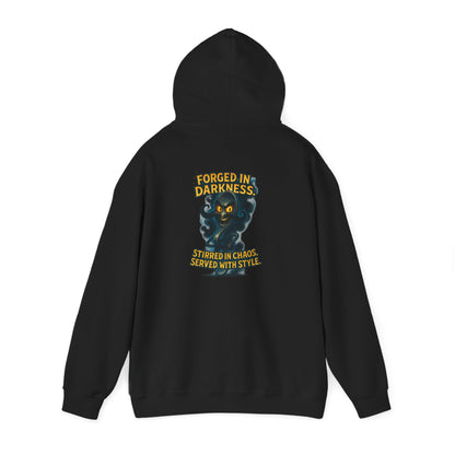 Darkness Stirred Hoodie — Vintage Cat Illustration "Poured in Darkness, Stirred in Chaos, Served with Style"