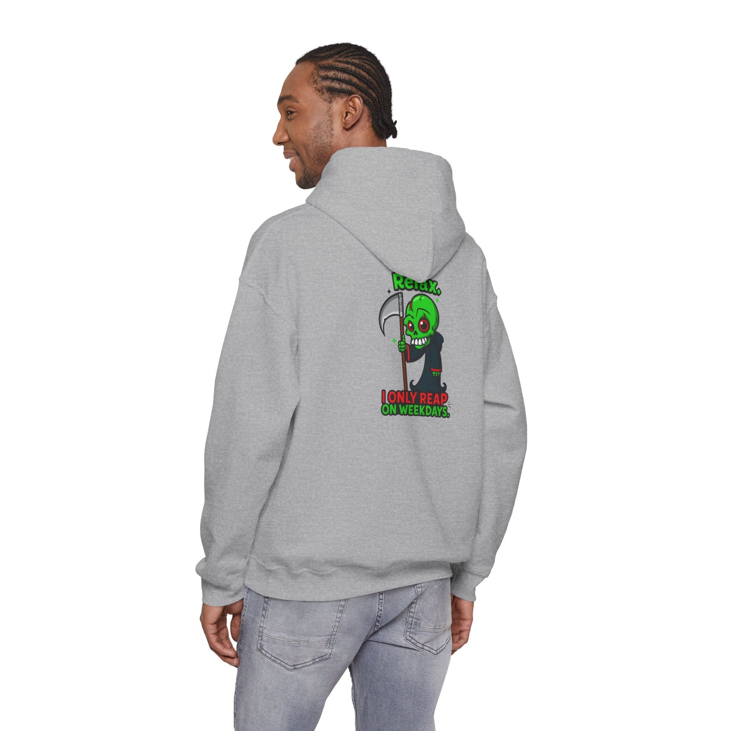 Grim Reaper Cartoon Hoodie — "I Only Read on Weekdays" Graphic Pullover