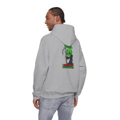 Grim Reaper Cartoon Hoodie — "I Only Read on Weekdays" Graphic Pullover