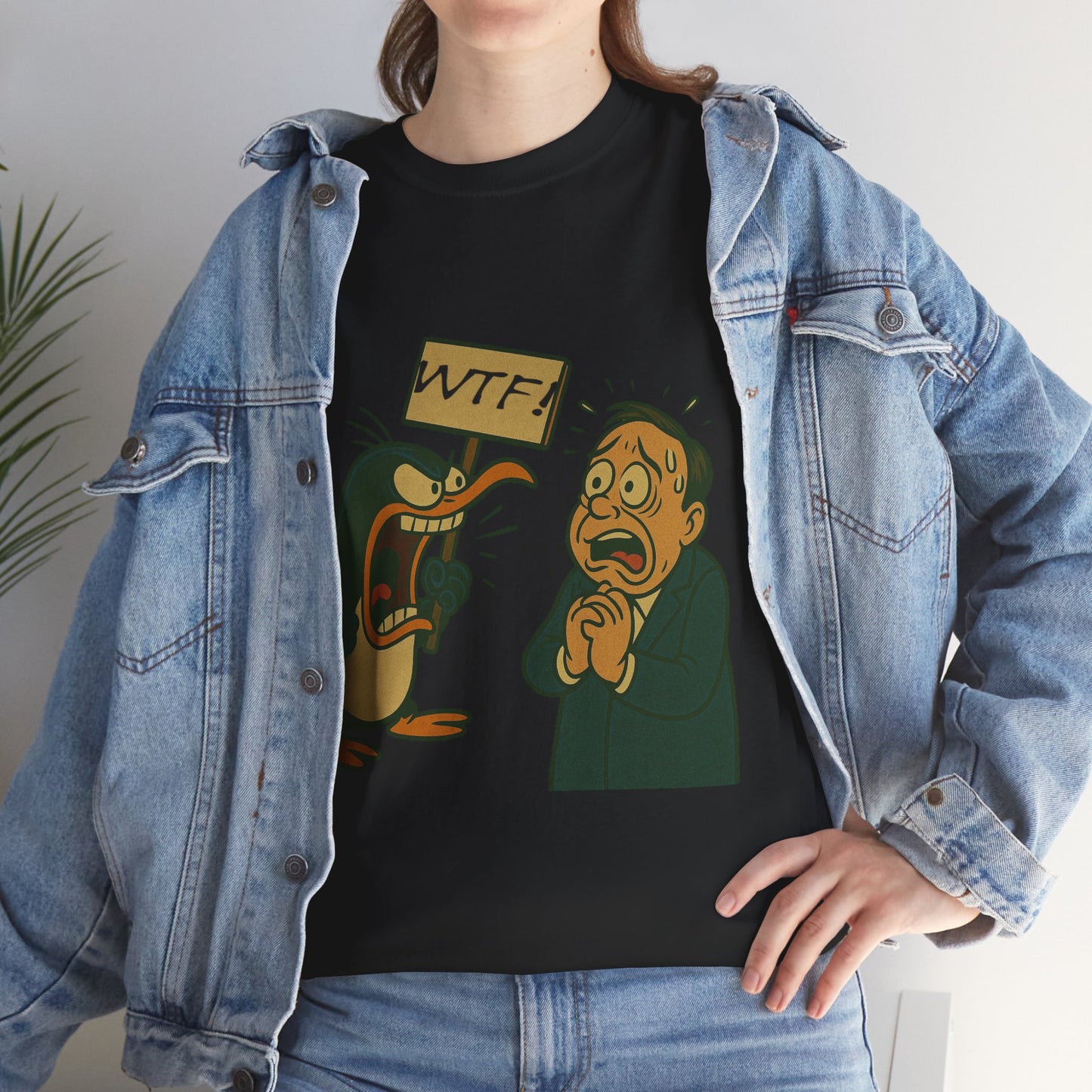 Graphic Tee - Cartoon Penguin Yelling “WTF” at Shocked Man
