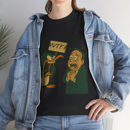 Graphic Tee - Cartoon Penguin Yelling “WTF” at Shocked Man