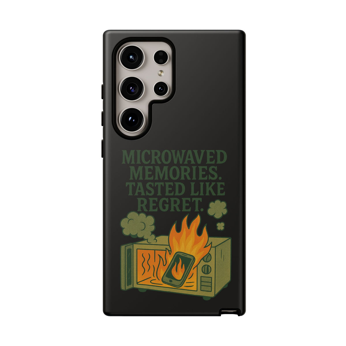 Microwaved Memories Phone Case — 'Microwaved Memories. Tasted Like Regret.' Retro Fire Design