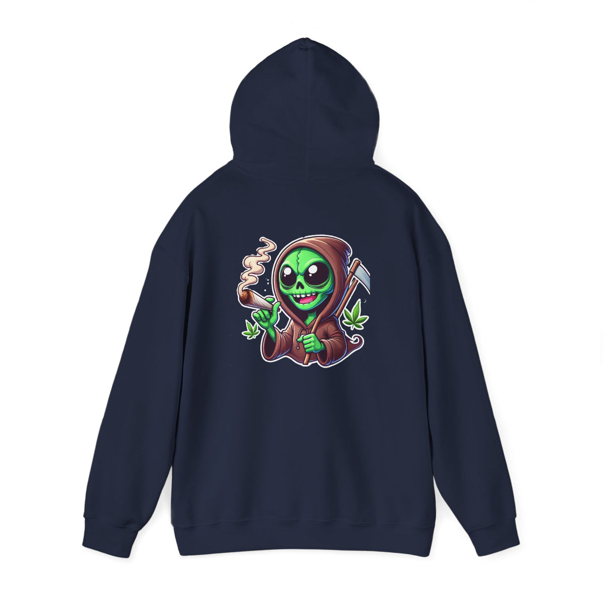 Reaper Alien Hoodie – Cute Green Grim Reaper Smoking Cartoon Graphic Hooded Sweatshirt