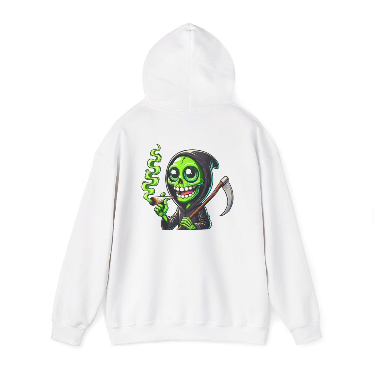Grinning Green Grim Reaper Hoodie – Neon Smoking Skeleton Graphic Sweatshirt