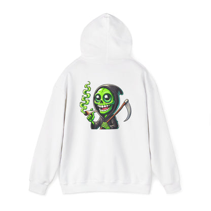 Grinning Green Grim Reaper Hoodie – Neon Smoking Skeleton Graphic Sweatshirt