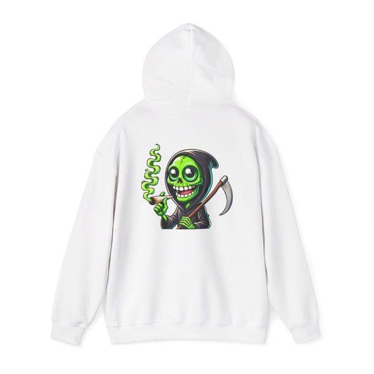 Grinning Green Grim Reaper Hoodie – Neon Smoking Skeleton Graphic Sweatshirt