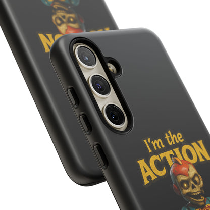 Action Figure Phone Case — "I'm the Action" Retro Skull Toy Design