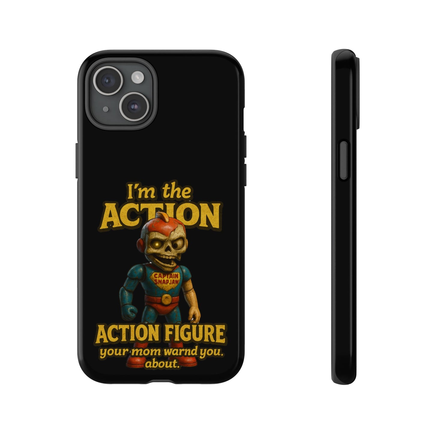 Action Figure Phone Case — "I'm the Action" Retro Skull Toy Design