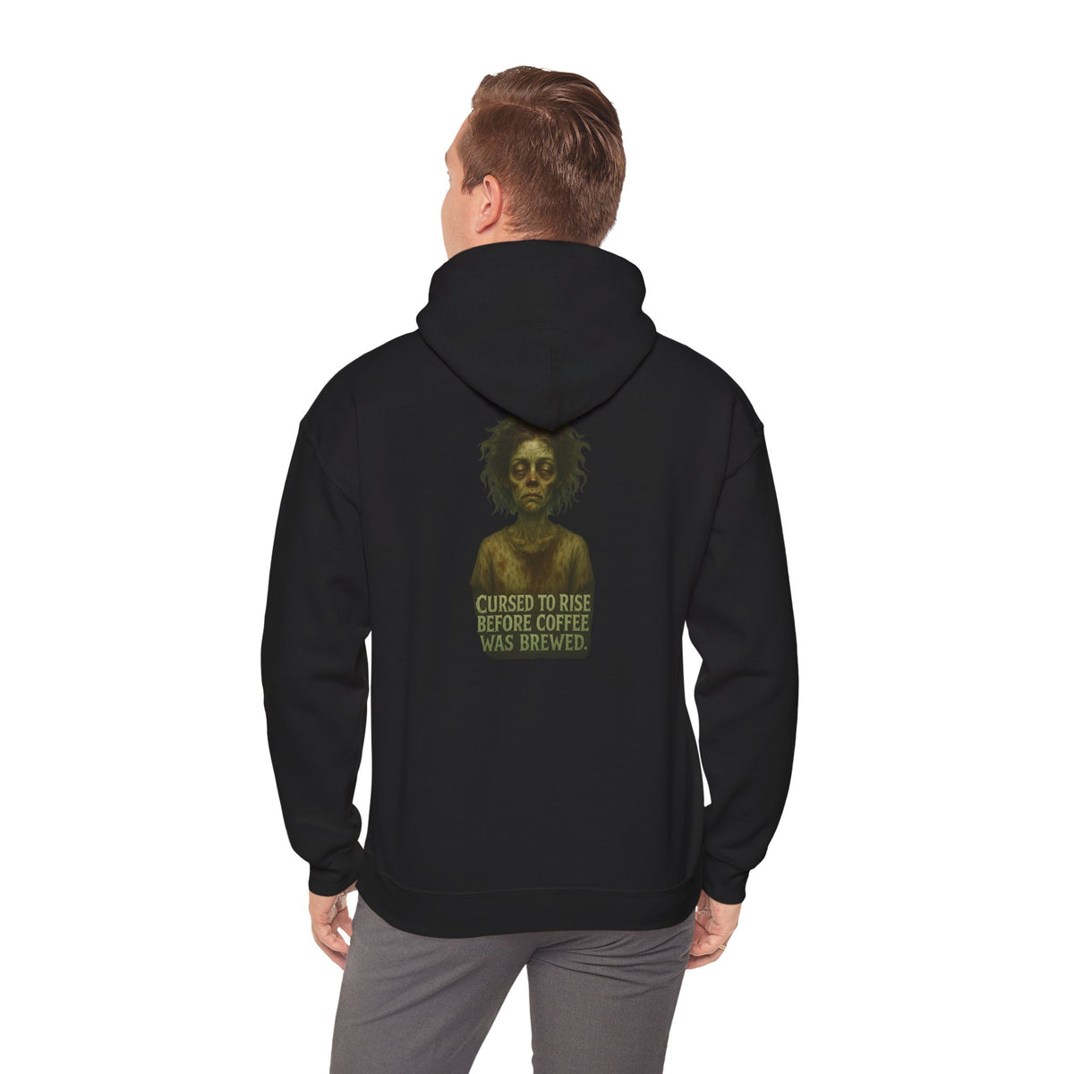 Hoodie — "Cursed to Rise Before Coffee Was Brewed" Goth Coffee Graphic Hooded Sweatshirt