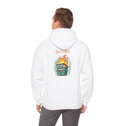 Dumpster Fire Hoodie - Funny Cartoon Trash Bin on Fire Graphic Hoodie