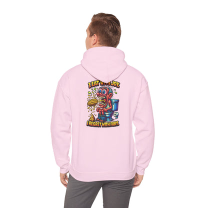 Toilet Trouble Hoodie — “I Regret With Fury” Graphic Hooded Sweatshirt