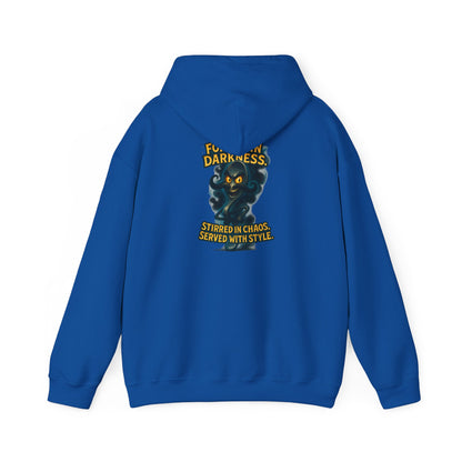 Darkness Stirred Hoodie — Vintage Cat Illustration "Poured in Darkness, Stirred in Chaos, Served with Style"