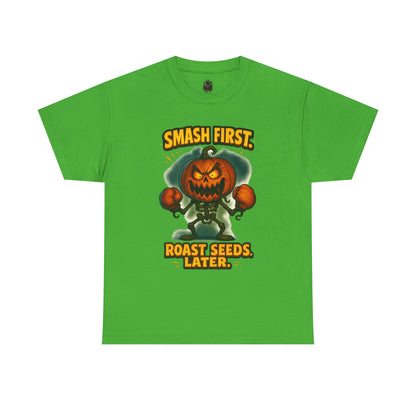 Smash First Pumpkin Boxer illustration T-Shirt | Halloween pumpkin design