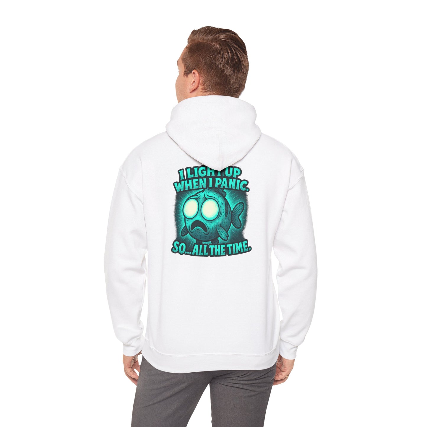 Panic Fish Hoodie — "I Lean Up When I Panic...So All The Time" Graphic Pullover