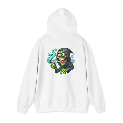 Grinning Reaper Hooded Sweatshirt – Spooky Green Skull Smoking Hoodie