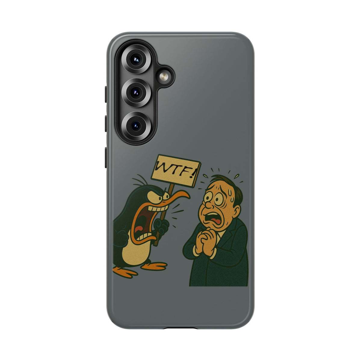 Phone Case - Cartoon Penguin Yelling 'WTF' at Shocked Man, Funny Protective iPhone Cover