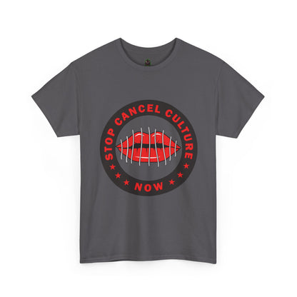 Stop Cancel Culture Now – Free Speech Tee (Barred Lips Design)