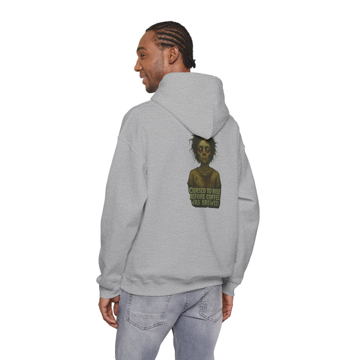 Hoodie — "Cursed to Rise Before Coffee Was Brewed" Goth Coffee Graphic Hooded Sweatshirt