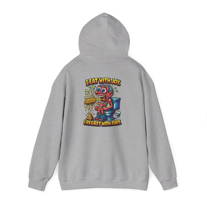 Toilet Trouble Hoodie — “I Regret With Fury” Graphic Hooded Sweatshirt