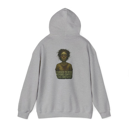 Hoodie — "Cursed to Rise Before Coffee Was Brewed" Goth Coffee Graphic Hooded Sweatshirt