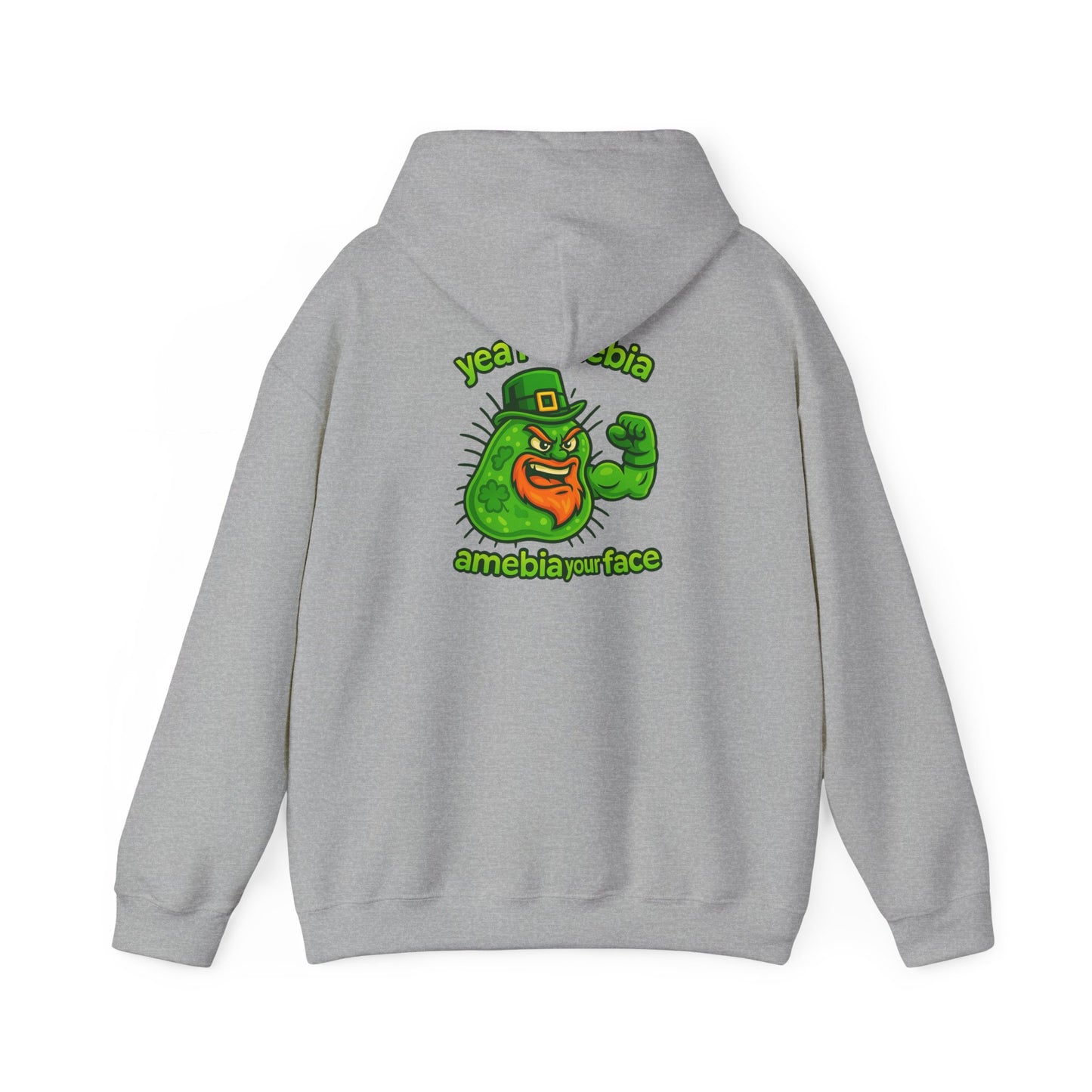 Amebiavirus St. Patrick's Day Hoodie — Funny Green Germ Mascot with 'yea bia amebiavirusface' Text