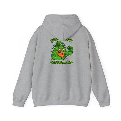 Amebiavirus St. Patrick's Day Hoodie — Funny Green Germ Mascot with 'yea bia amebiavirusface' Text